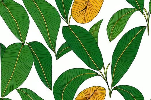 golden and green tropical leaves on a white background.