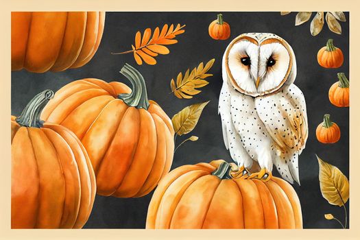 Barn owl on pumpkins floral autumn decor. Watercolor illustration.