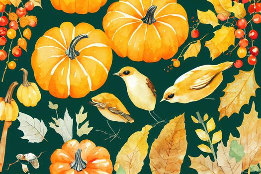 Pumpkin autumn arrangement with birds. Watercolor illustration. Hand drawn