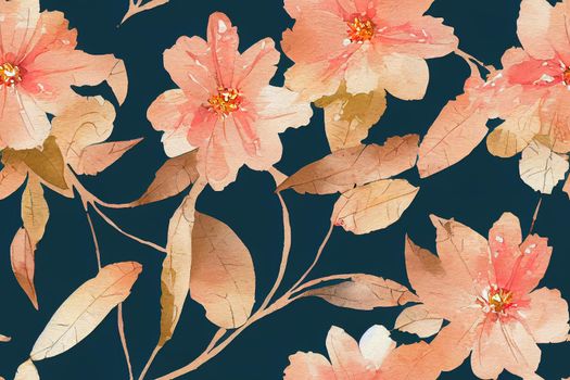Seamless watercolor floral pattern pink flowers, gold elements,