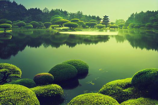 Peaceful beautiful tranquil landscape of oriental, asian Japanese garden