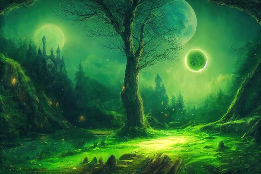 Fantasy and magical enchanted fairy tale landscape with forest,
