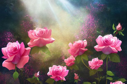 Fantasy pink roses flowers bloom in fabulous mystical enchanted garden