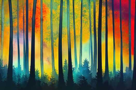 Abstract background with forest with picturesque trees, watercolor brush.