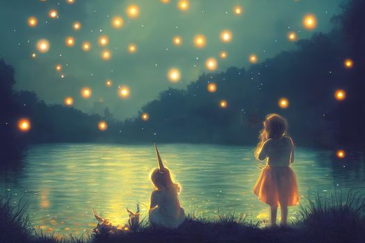 a girl and a unicorn watching fireflies at a