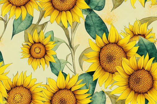 Watercolor seamless pattern with sunflowers and autumn leaves. Bright,