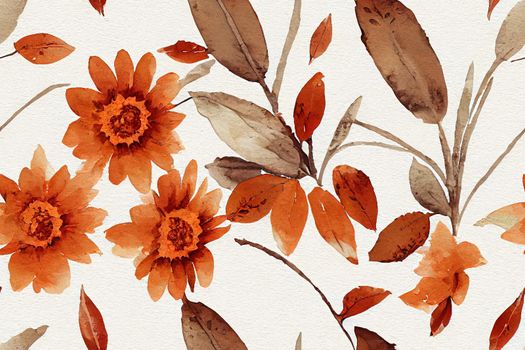 Watercolor fall floral seamless pattern with rust, burnt orange,