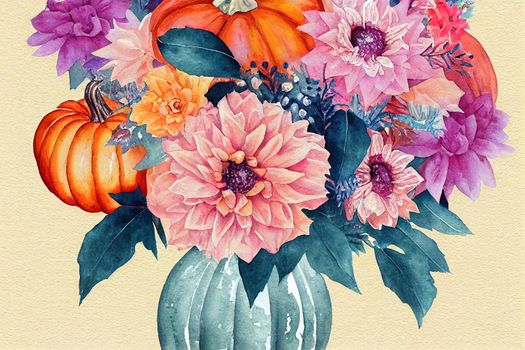 Watercolor floral autumn bouquet with pastel pumpkin and flowers