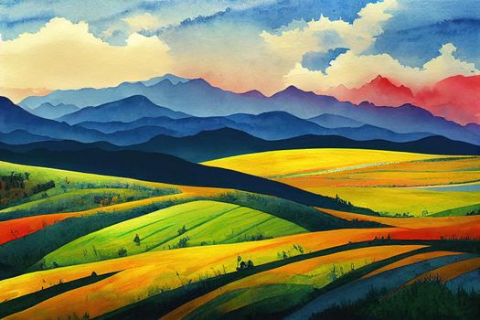 Watercolor landscape painting colorful of mountain range with farm