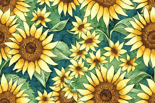 Watercolor sunflowers summer vintage seamless pattern. Natural yellow floral
