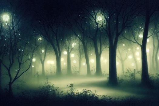 Enchanted garden night time scene with mist