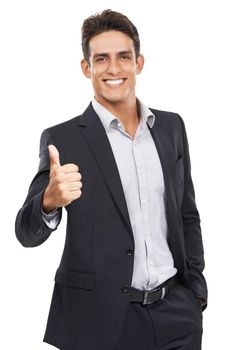You have my approval. Portrait of a positive young businessman giving you a thumbs-up.