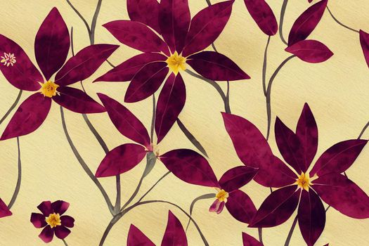 Floral seamless pattern with pressed flowers and leaves burgundy