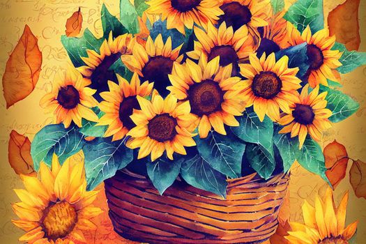 Watercolor autumn sunflower bouquet in a wicker basket, Autumn