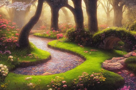 Enchanted garden with stone bridge illustration 2d