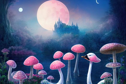 Fantasy magical enchanted fairy tale landscape with swan swimming