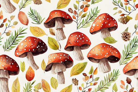 Watercolor autumn forest pattern. Hand painted mushroom, rowan, fall