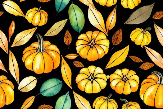 Watercolor seamless pattern with pumpkins and autumn leaves. Hand