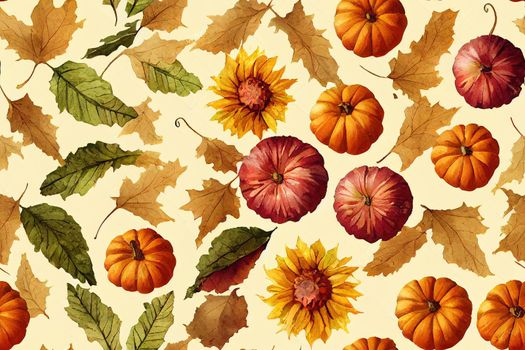 Autumn harvest seamless pattern fruits, vegetables pumpkin, apples,