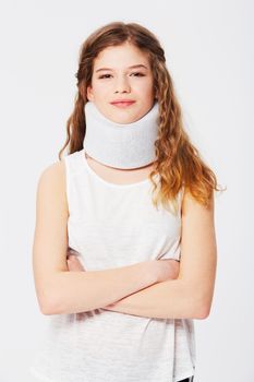 An advertisement for Medical Aid. Isolated portrait of a girl with a neck brace.