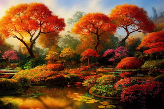 Fantasy artwork of oriental autumn garden with beautiful colorful