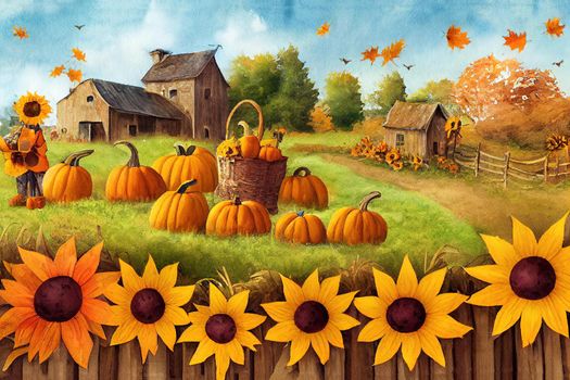 Watercolor farmhouse scarecrow illustration, Autumn harvest scene with cute