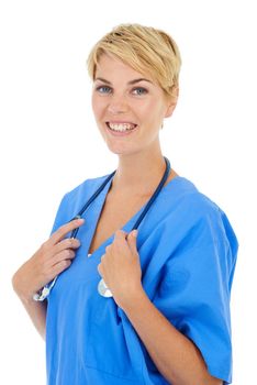 She loves being a surgeon. A young smiling female doctor with a stethoscope around her neck.