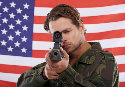 Youre in his sight. An American soldier pointing his rifle at you.