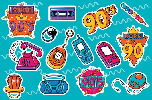 Collection of bright multi-colored stickers, retro badges, patches for designs in the style of the 90s.  set of items from the era of the 90s and 80s.