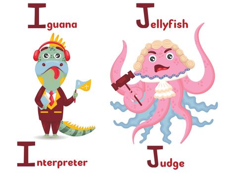 Latin alphabet ABC animal professions starting with i iguana interpreter and letter j  jellyfish judge in cartoon style.