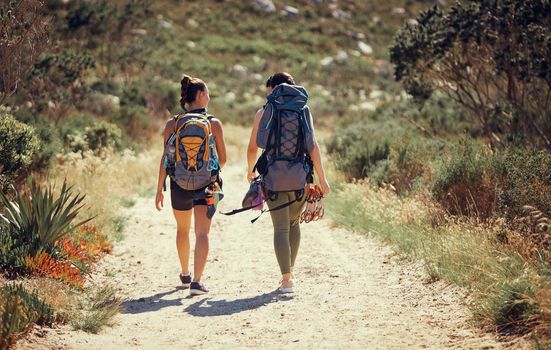 Fitness and workout friends hiking or walking in nature on a mountain dust path. Women and guide on a walk in remote environment with rough terrain with freedom, backpack and journey outdoor trekking