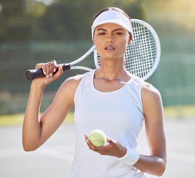 Tennis woman, court and sports portrait with professional athlete thinking of game strategy. Fitness girl with focus, concentration and serious playing championship match tournament.