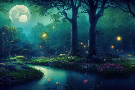 Fantasy magical enchanted fairy tale landscape with forest lake,