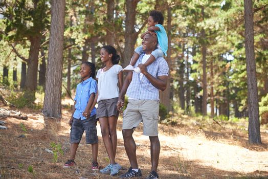 Sharing their passion for nature...ana frican american family enjoying a hike in the woods together.