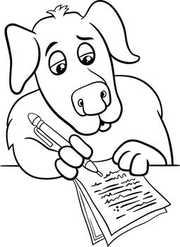 cartoon writer or poet dog writting on paper coloring page
