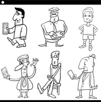 men comic characters set black and white illustration