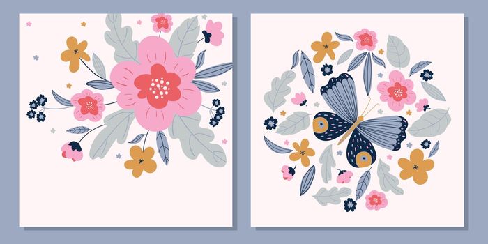 card template with flowers and butterfly on a light pink background