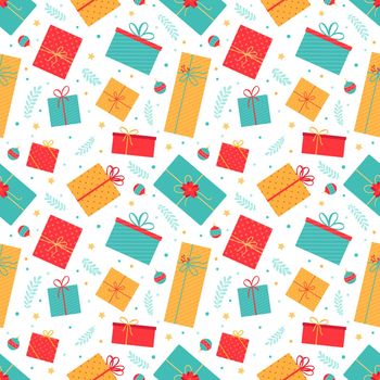 Festive seamless pattern with multicolored Christmas gifts and Christmas decor.