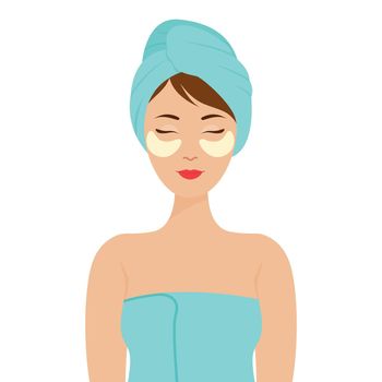 Personal care at home. Girl with a towel on her head and cosmetic patches under her eyes.