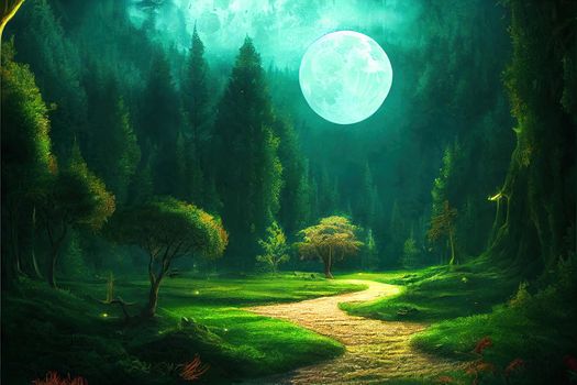 Fantasy and magical enchanted fairy tale landscape with forest,