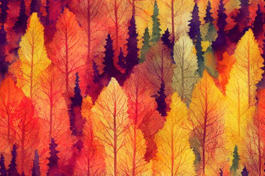 Abstract seamless pattern with autumn forest. Trendy watercolor textures.