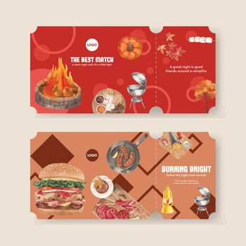Ticket template with bonfire party concept,watercolor style