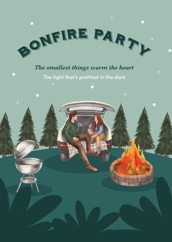 Poster template with bonfire party concept,watercolor style