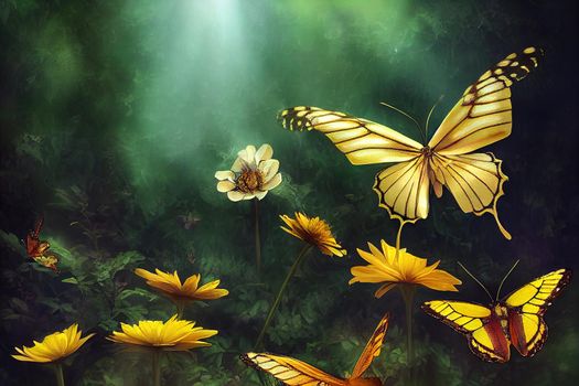 Butterfly sitting on yellow ficaria Flower in Fantasy magical