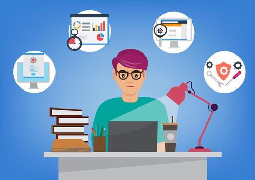 Male character working on developing a new website. Someone with laptop programming creates new applications or pages. Man coding with personal computer sitting at a desk focusing on work vector illustration