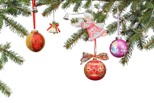 Branches of fir tree with Christmas toys and ornament