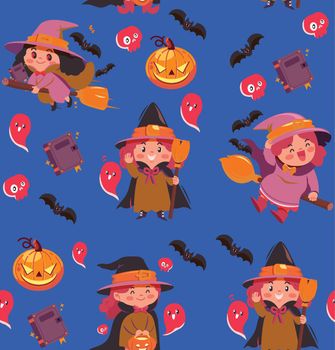 Cute Halloween pumpkin and witch seamless pattern