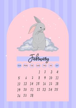 February 2023 calendar. Year of the rabbit. The symbol of the year. VNRTICAL CALENDAR WITH A BUNNY