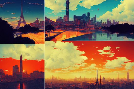 anime style, Collage with postcards of european landmarks toned