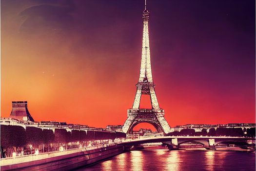 2d drawing Sunset view of Eiffel tower and Seine